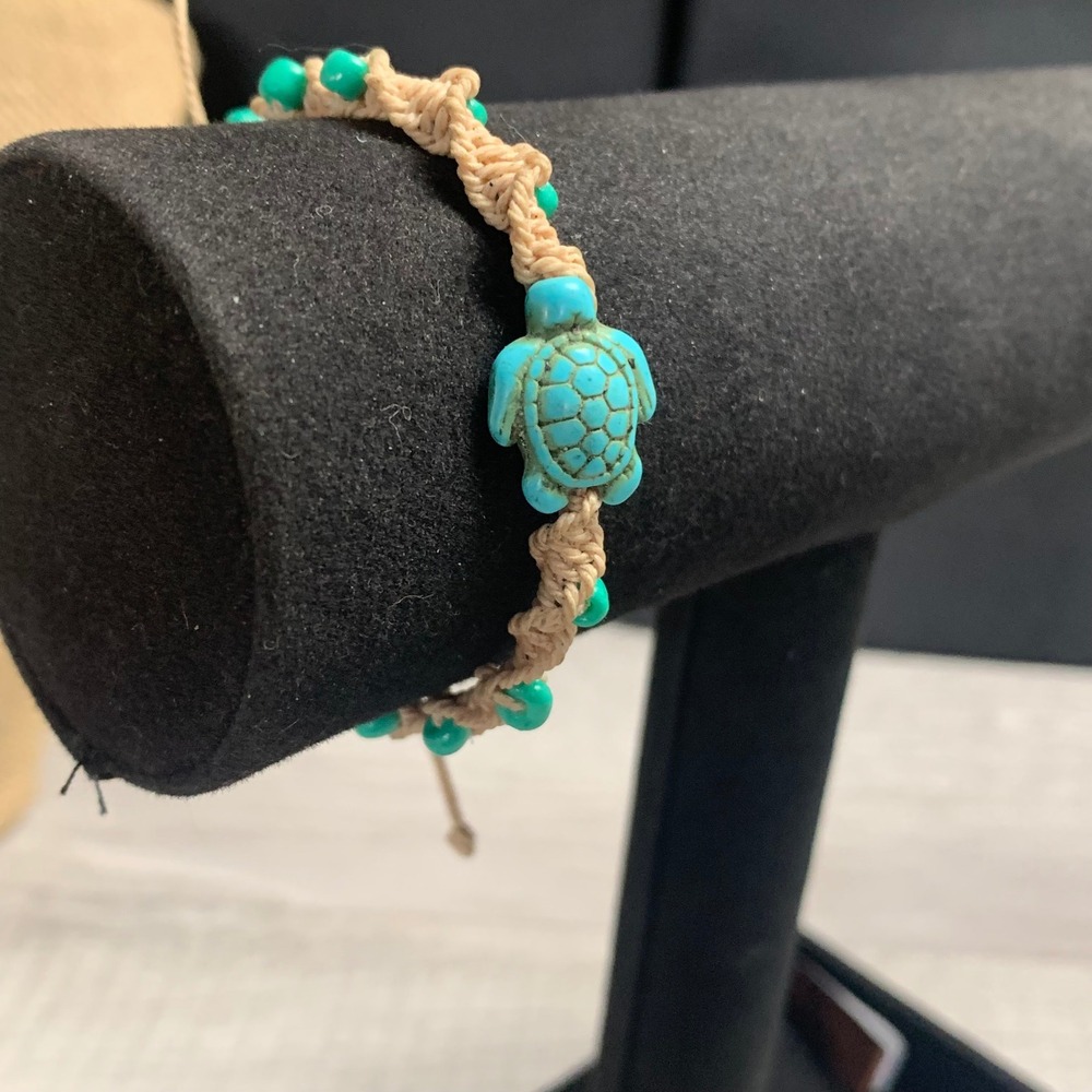Turquoise Sea Turtle Macrame Adjustable Bracelet Teal Beads Tan Boho Beach
